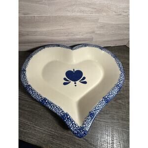 Vintage Chaparral Style Heart Shaped Pottery Pie Dish / Sponged Blue Rim